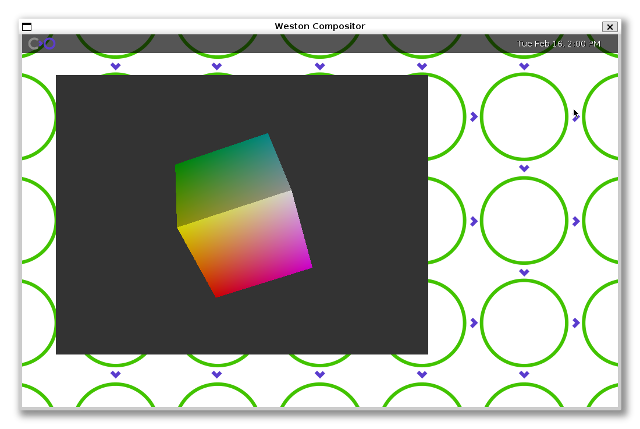 'vkcube' test client running on the Weston display server